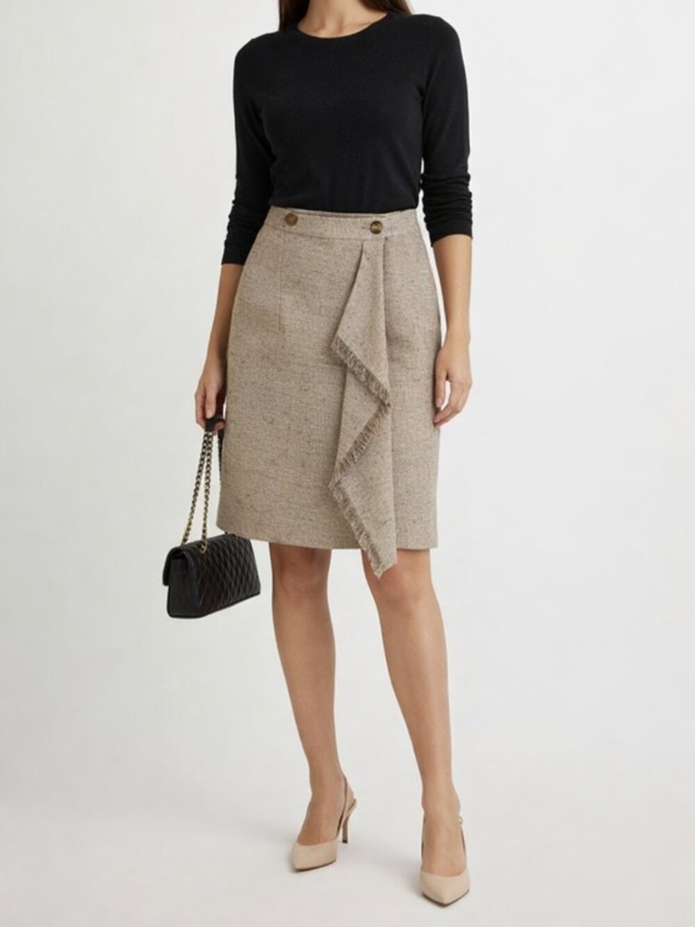 Liz Claiborne Beige Tweed Wrap Skirt Petite 2 Fringe Detail Vintage Classic Work